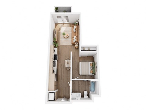 A top-down view of a small apartment with a kitchen, living room, and bathroom.